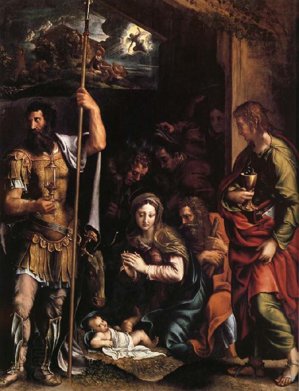 Giulio Romano La nativite de l'enfant jesus avec l'adoration des bergers entre Saint Jean l'Evangeliste et Saint Longin